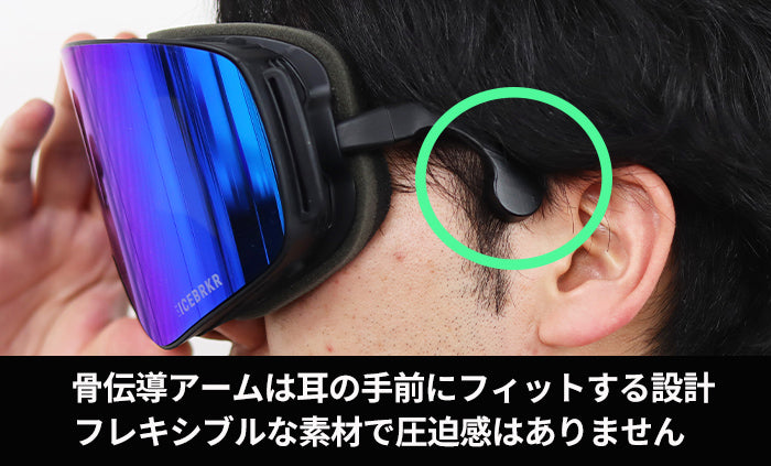 骨伝導アームは耳の手前にフィットする設計。フレキシブルな素材で圧迫感はありません